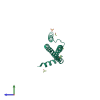 Homo dimeric assembly 2 of PDB entry 5fcm coloured by chemically distinct molecules, side view.