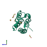 Monomeric assembly 1 of PDB entry 5fe5 coloured by chemically distinct molecules, side view.