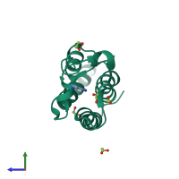 Monomeric assembly 2 of PDB entry 5fe5 coloured by chemically distinct molecules, side view.