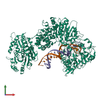 Hetero trimeric assembly 2 of PDB entry 5ffj coloured by chemically distinct molecules, front view.