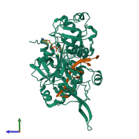 PDB entry 5fhe coloured by chain, side view.