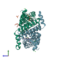 PDB entry 5fkk coloured by chain, side view.