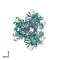 PDB entry 5fpt coloured by chain, side view.