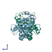 PDB entry 5frx coloured by chain, side view.