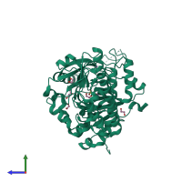 Monomeric assembly 1 of PDB entry 5fy7 coloured by chemically distinct molecules, side view.