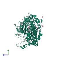 Monomeric assembly 1 of PDB entry 5fy9 coloured by chemically distinct molecules, side view.