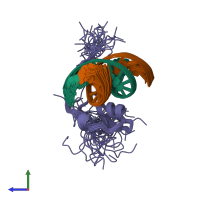 PDB entry 5gat coloured by chain, ensemble of 35 models, side view.