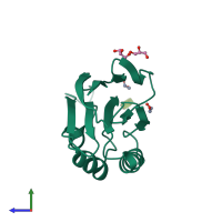 Monomeric assembly 1 of PDB entry 5ggk coloured by chemically distinct molecules, side view.