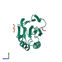 Monomeric assembly 2 of PDB entry 5ggk coloured by chemically distinct molecules, side view.