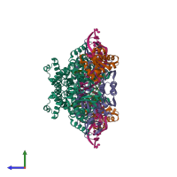 Hetero decameric assembly 2 of PDB entry 5gio coloured by chemically distinct molecules, side view.