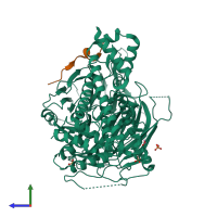 PDB entry 5hax coloured by chain, side view.