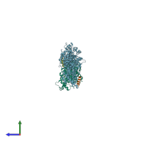 PDB entry 5hb3 coloured by chain, side view.