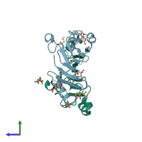 PDB entry 5hb5 coloured by chain, side view.