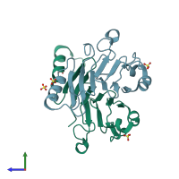 PDB entry 5hb6 coloured by chain, side view.