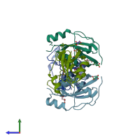 PDB entry 5hb8 coloured by chain, side view.