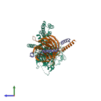 PDB entry 5he3 coloured by chain, side view.