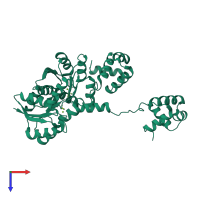 Homo dimeric assembly 2 of PDB entry 5hev coloured by chemically distinct molecules, top view.