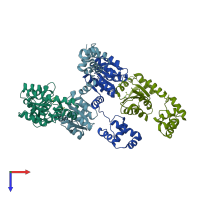 PDB entry 5hev coloured by chain, top view.