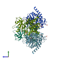 PDB entry 5hez coloured by chain, side view.