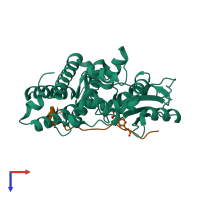 Hetero dimeric assembly 1 of PDB entry 5hkz coloured by chemically distinct molecules, top view.