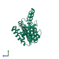 Monomeric assembly 1 of PDB entry 5hmm coloured by chemically distinct molecules, side view.