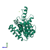 Monomeric assembly 2 of PDB entry 5hmm coloured by chemically distinct molecules, side view.