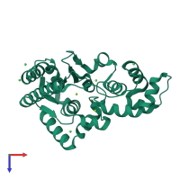 Monomeric assembly 2 of PDB entry 5hmm coloured by chemically distinct molecules, top view.