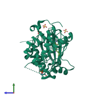 PDB entry 5ho8 coloured by chain, side view.