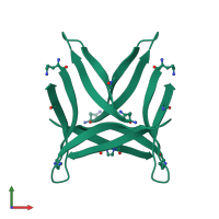 Homo hexameric assembly 3 of PDB entry 5hoy coloured by chemically distinct molecules, front view.