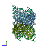 PDB entry 5hql coloured by chain, side view.