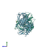 PDB entry 5hu0 coloured by chain, side view.