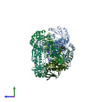 PDB entry 5huo coloured by chain, side view.