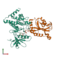 Hetero dimeric assembly 1 of PDB entry 5hvk coloured by chemically distinct molecules, front view.