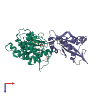 Hetero dimeric assembly 2 of PDB entry 5hvk coloured by chemically distinct molecules, top view.