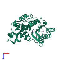 Monomeric assembly 1 of PDB entry 5hw5 coloured by chemically distinct molecules, top view.