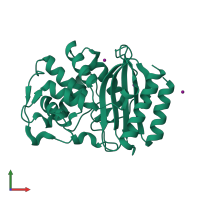 Monomeric assembly 2 of PDB entry 5hw5 coloured by chemically distinct molecules, front view.