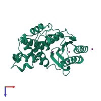 Monomeric assembly 2 of PDB entry 5hw5 coloured by chemically distinct molecules, top view.