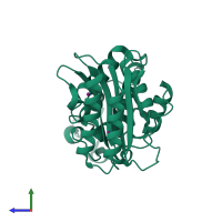 Monomeric assembly 3 of PDB entry 5hw5 coloured by chemically distinct molecules, side view.