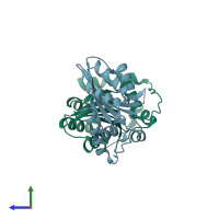 PDB entry 5hx5 coloured by chain, side view.