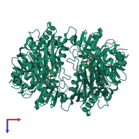 Homo dimeric assembly 1 of PDB entry 5i1v coloured by chemically distinct molecules, top view.