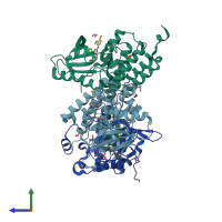PDB entry 5ia0 coloured by chain, side view.