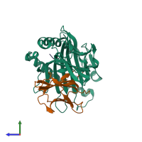 PDB entry 5ib1 coloured by chain, side view.