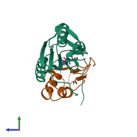 Hetero trimeric assembly 1 of PDB entry 5ic6 coloured by chemically distinct molecules, side view.
