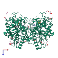 Homo dimeric assembly 1 of PDB entry 5in3 coloured by chemically distinct molecules, top view.