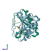 PDB entry 5ipd coloured by chain, side view.