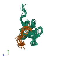 PDB entry 5ixf coloured by chain, ensemble of 10 models, side view.