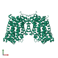 Homo dimeric assembly 1 of PDB entry 5j4n coloured by chemically distinct molecules, front view.