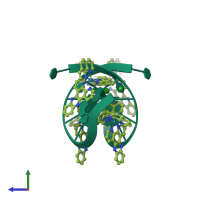 Homo dimeric assembly 1 of PDB entry 5jeu coloured by chemically distinct molecules, side view.