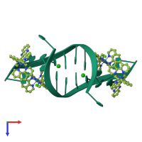 Homo dimeric assembly 1 of PDB entry 5jeu coloured by chemically distinct molecules, top view.