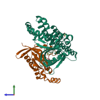 Hetero dimeric assembly 1 of PDB entry 5jhh coloured by chemically distinct molecules, side view.